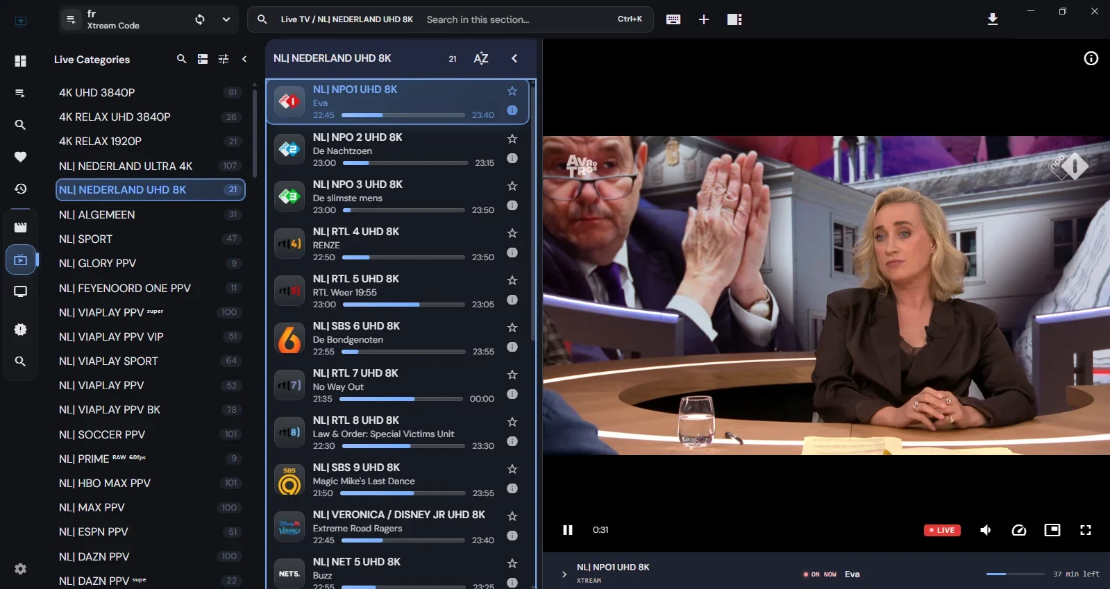 NPO 1 UHD 8K, RTL 4, SBS6 en interactieve 7-daagse tv-gids op IPTV Koning